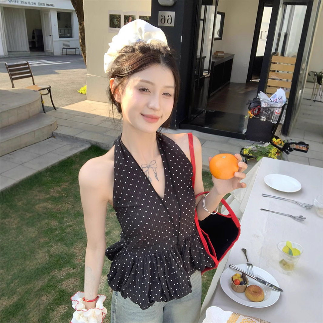 黑色波点甜美风挂脖V领背