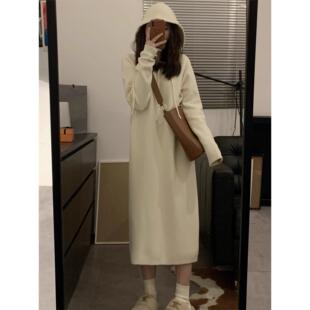 长款针织连帽连衣裙女宽松2025新款毛衣裙秋冬配大衣韩版显瘦内搭