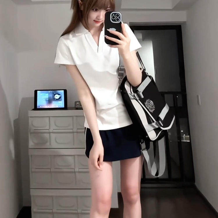 韩系V领白色正肩POLO衫短袖t恤女夏季设计感修身运动休闲百搭上衣