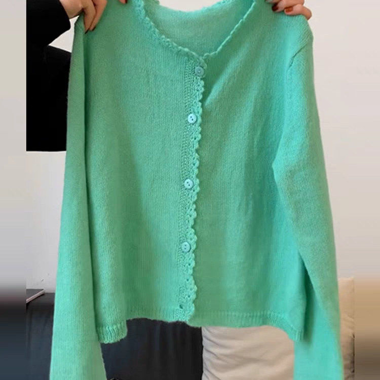 温柔风绿色针织毛衣外套开 衫女春季韩系穿搭两件式套装甜美长袖