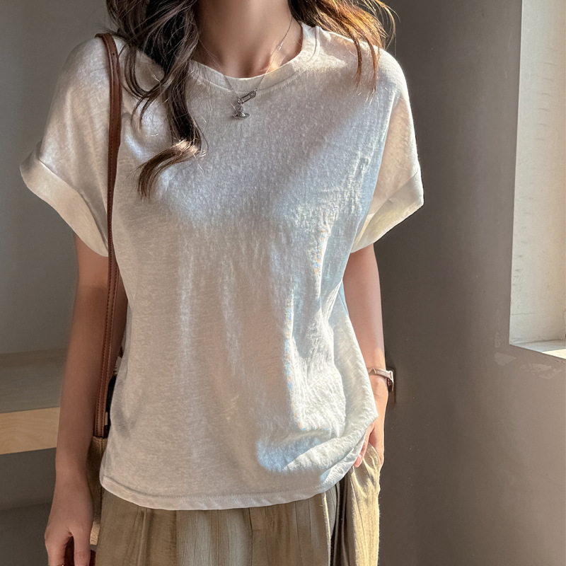 2026夏季新款韩版宽松蝙蝠袖圆领短袖t恤女士外穿慵懒风 简约上衣