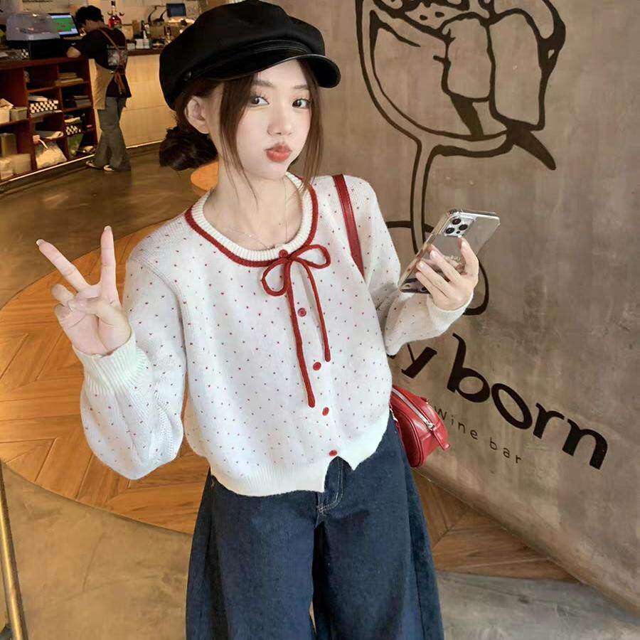 甜美少女感提花针织开衫女秋季穿搭蝴蝶结高级感毛衣外套正肩上衣