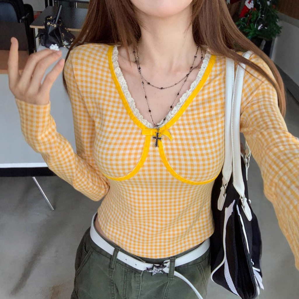 黄色格子v领长袖t恤女秋冬款蕾丝内搭高级感打底衫短款禁欲系上衣