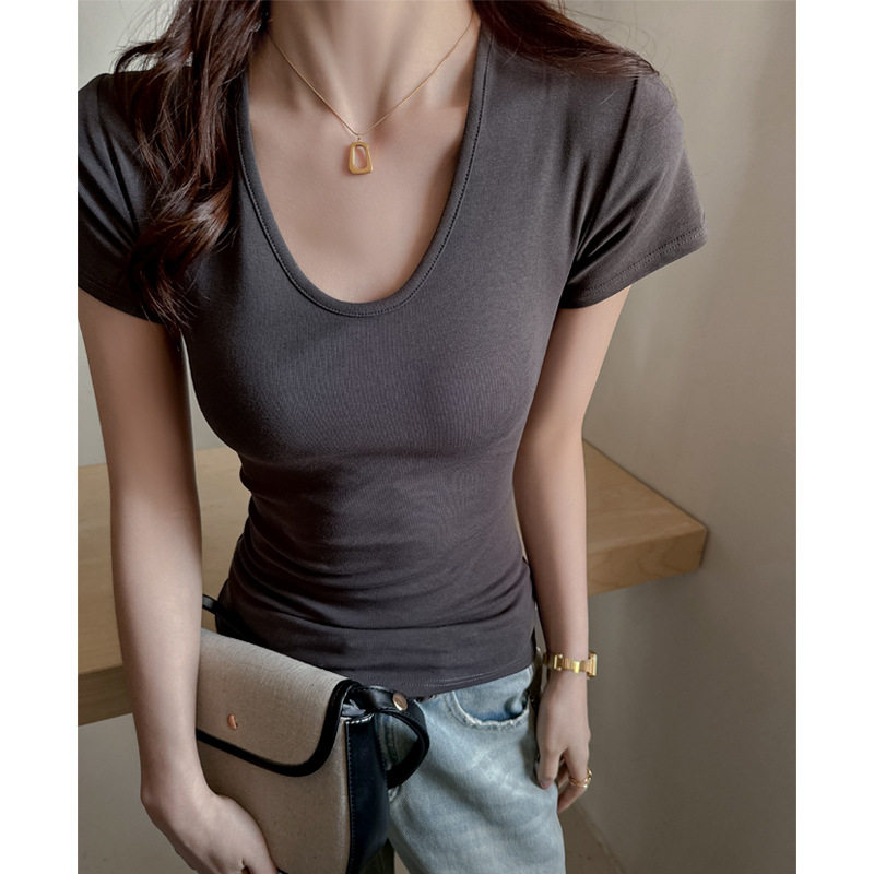 纯欲风深U领正肩短袖t恤女式夏季修身显瘦韩系内搭打底衫纯棉上衣