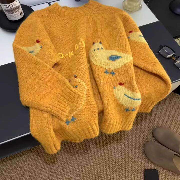 韩系覆古软糯黄色毛衣女高级感超好看慵懒风圆领加厚卡通针织上衣