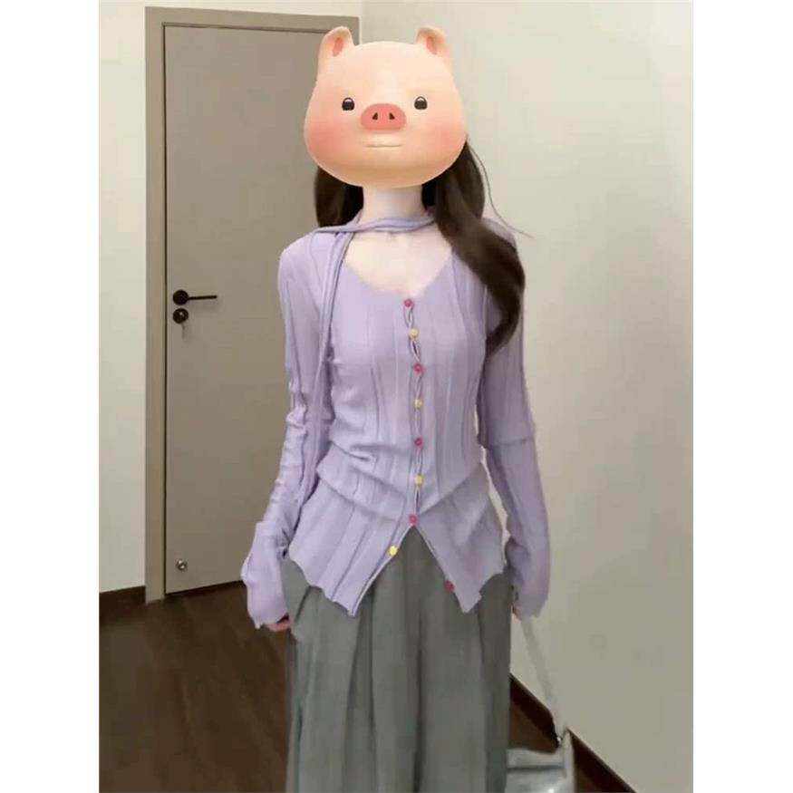 早初秋穿搭紫色针织开衫女春秋季2024新款设计感小众薄款修身上衣