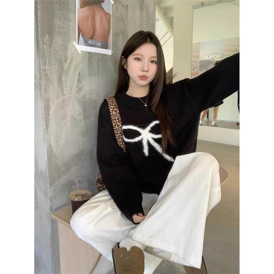 高级设计感小众2025新黑色毛衣女秋冬慵懒风宽松长袖针织衫上衣潮