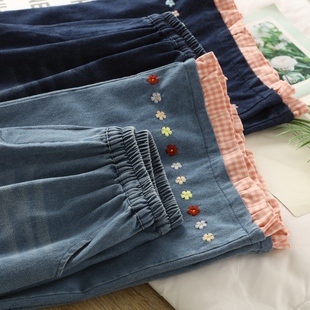 森系复古撞色格子花边漂白牛仔裤女秋季甜美减龄宽松显瘦阔腿长裤