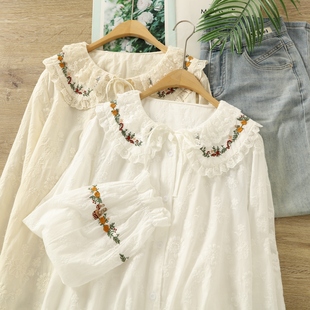 森系少女风重工蕾丝双层娃娃领长袖 女秋甜美减龄碎花刺绣衬衣 衬衫
