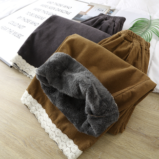 蕾丝花边拼接灯芯绒加绒阔腿裤 女2024文艺简约松紧腰保暖休闲长裤