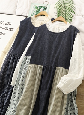 森系设计感碎花格子拼接牛仔背心裙女秋季文艺宽松圆领无袖连衣裙