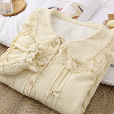 减龄日系娃娃领长袖蕾丝宫廷风甜美衬衫加绒加厚白色衬衣女蝴蝶结