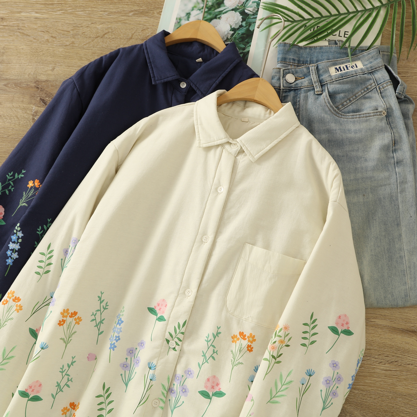 韩版ins风植物系印花衬衫女长袖翻领单排扣宽松百搭夹棉衬衣外套