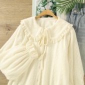 法式 温柔娃娃领系带杏色软糯加绒衬衫 女秋冬甜美百搭叠穿打底衬衣