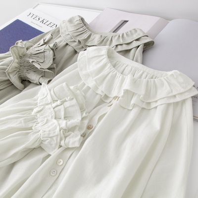 春秋时尚荷叶领纯色衬衫女士长袖减龄衬衣花朵袖学生优雅通勤显瘦