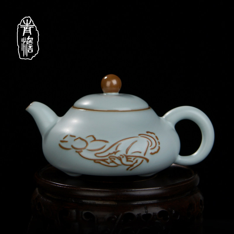 青澹汝窑茶壶单壶手工扁壶复古景德镇陶瓷汝瓷功夫茶具家用天青色