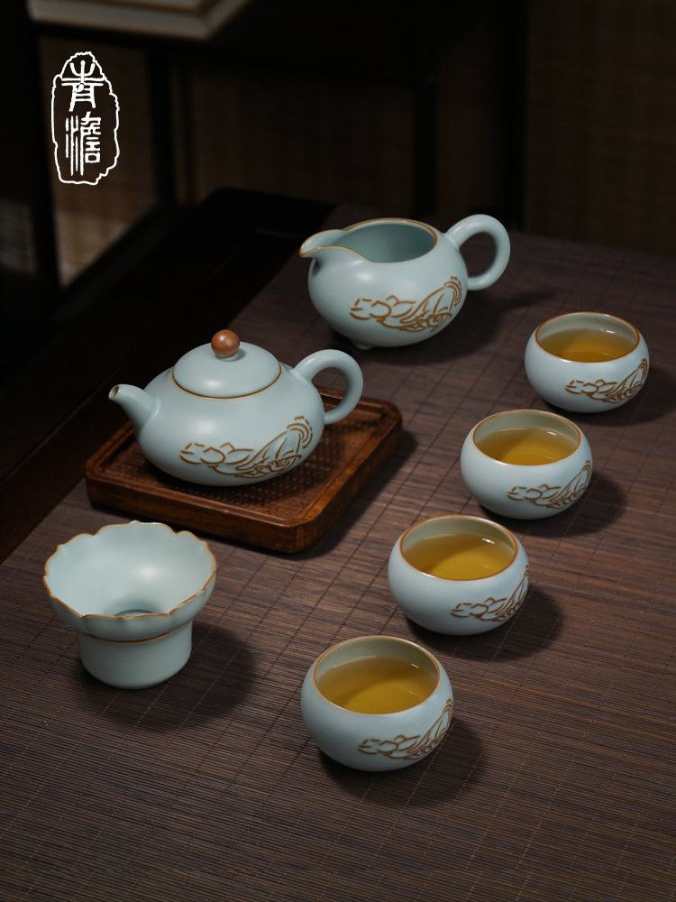 手工汝窑茶具套装家用简约景德镇陶瓷礼品功夫茶礼盒装冰裂釉青瓷