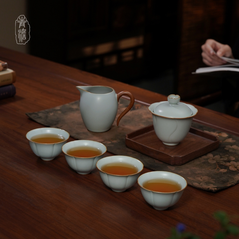 青澹汝窑盖碗功夫茶具景德镇陶瓷
