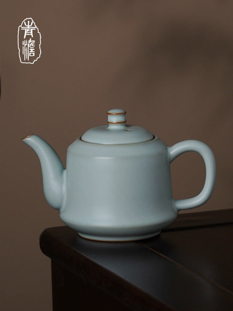景德镇汝瓷茶壶单壶家用功夫茶套青瓷冰裂釉开片汝窑手工陶瓷中国