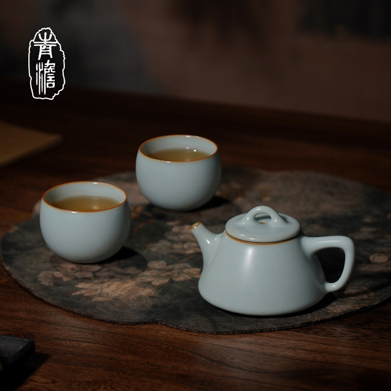 汝窑茶壶套装景德镇陶瓷一壶二杯复古汝瓷手工茶具石瓢青玉礼盒装,餐饮具,功夫茶具,淘宝优惠券,粉丝福利购,淘宝优惠卷