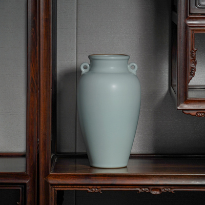 汝窑双耳花瓶摆件景德镇陶瓷手工彷古瓷器青瓷中式家居装饰环翠瓶