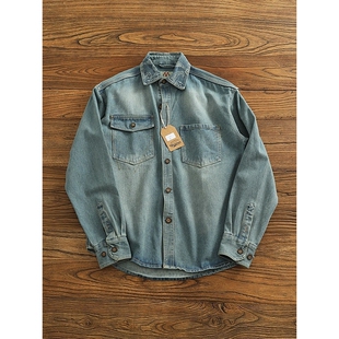 潮流宽松休闲百搭情侣开衫 男春秋季 外套衬衣 复古做旧牛仔衬衫 美式