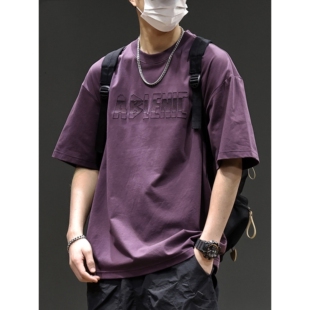 宽松休闲百搭圆领套头上衣 夏季 潮流复古做旧字母刺绣短袖 t恤男士