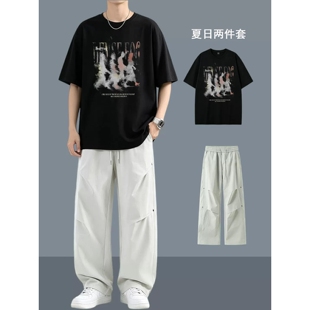 潮牌纯棉t恤男式短袖夏季美式潮流宽松休闲黑色圆领半袖体恤男生