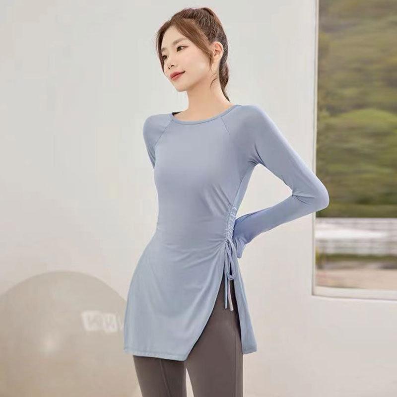 遮臀显瘦瑜伽服女春秋户外晨跑健身开叉T恤运动速干宽松显瘦上衣