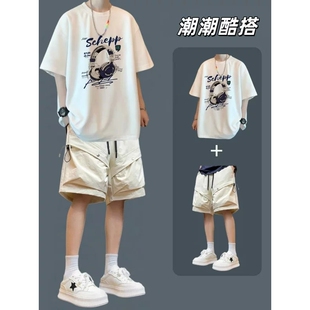 港风男生宽松短袖T恤搭配高街速干短裤夏季青少年帅气潮流ins套装
