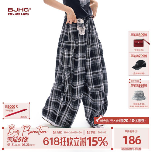 BJHG美式格子休闲裤工装阔腿裤子