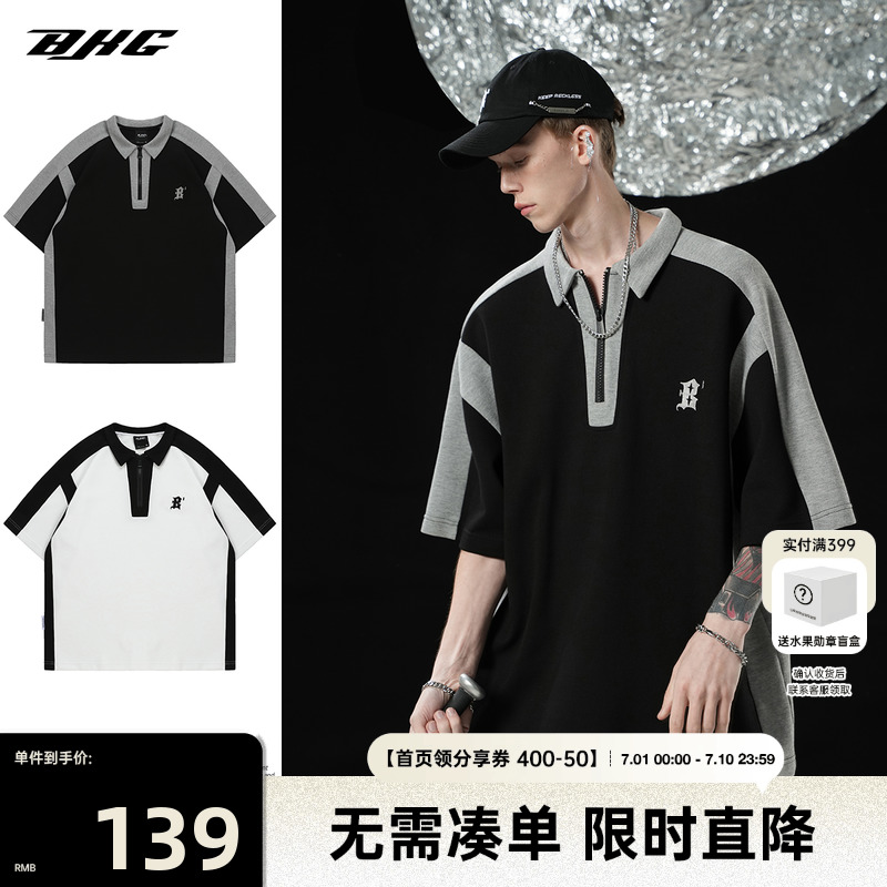 【侯明昊同款】 BJHG夏休闲POLO衫短袖T恤男美式街头潮牌情侣半袖