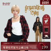 复古内搭衬衣长袖 BJHG不计后果红色格子衬衫 男秋冬宽松美式 外套女