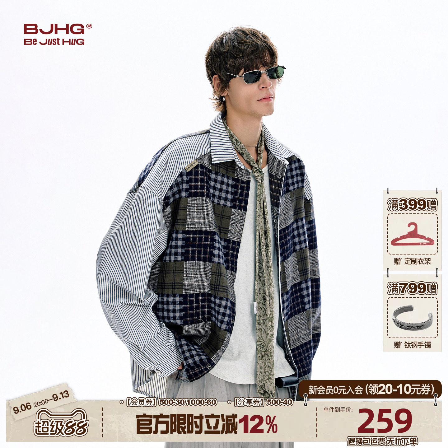BJHG不计后果美式复古格子衬衫图片