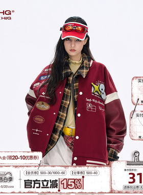 BJHG不计后果红色棒球夹克男款春秋美式棒球服女撞色贴贴情侣外套