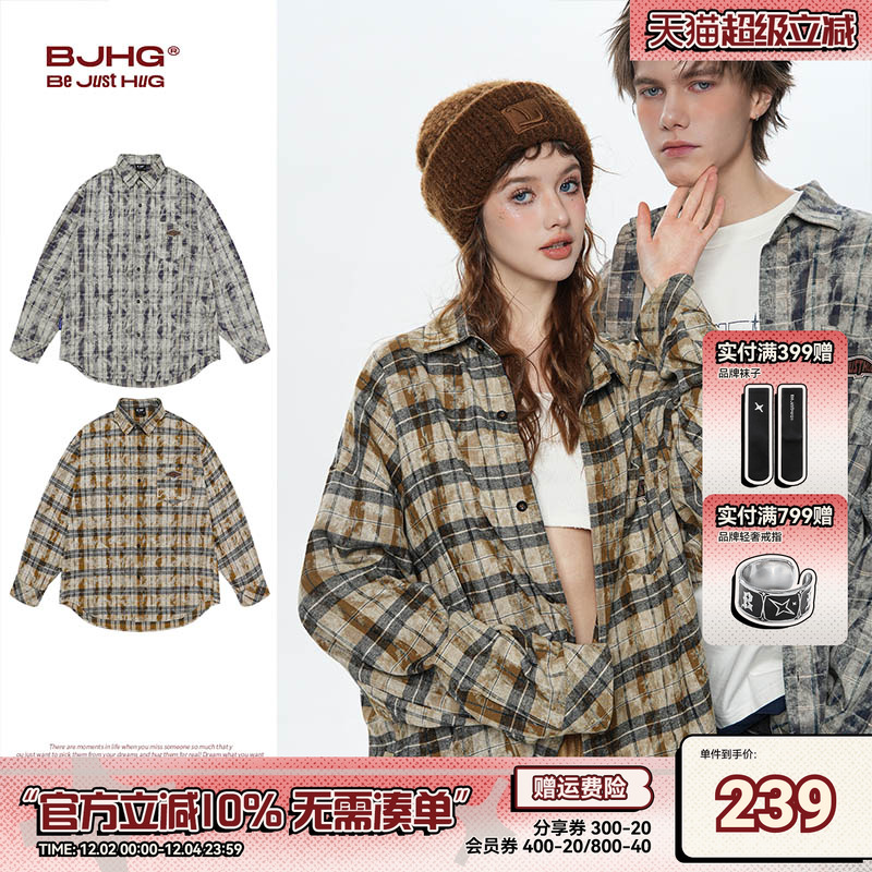 BJHG美式复古格子衬衫水洗衬衣