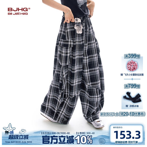 BJHG格子裤工装阔腿长裤短袖套装