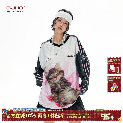 BJHG网眼长袖T恤猫咪印花球衣女