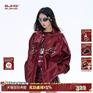 机车服小立领皮夹克女 潮牌美式 秋季 BJHG不计后果红色皮衣外套男款