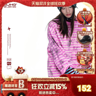 T恤男款 打底衫 秋季 美式 上衣卫衣女 新款 BJHG不计后果条纹情侣长袖
