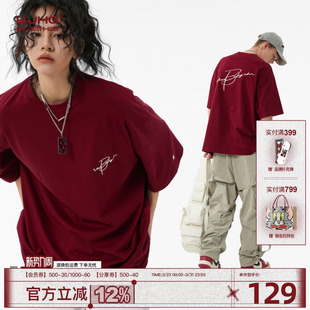 夏情侣高街半袖 BJHG不计后果 男款 重磅酒红色T恤短袖 纯棉体恤 美式