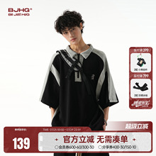 BJHG半拉链休闲POLO衫短袖T恤男夏潮牌 美式重磅拼接宽松半袖上衣
