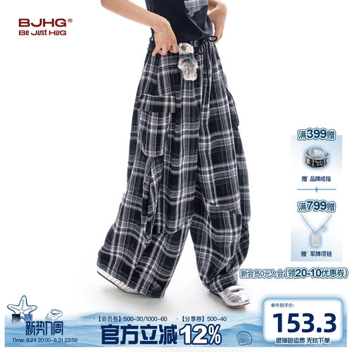 BJHG格子裤工装阔腿长裤短袖套装