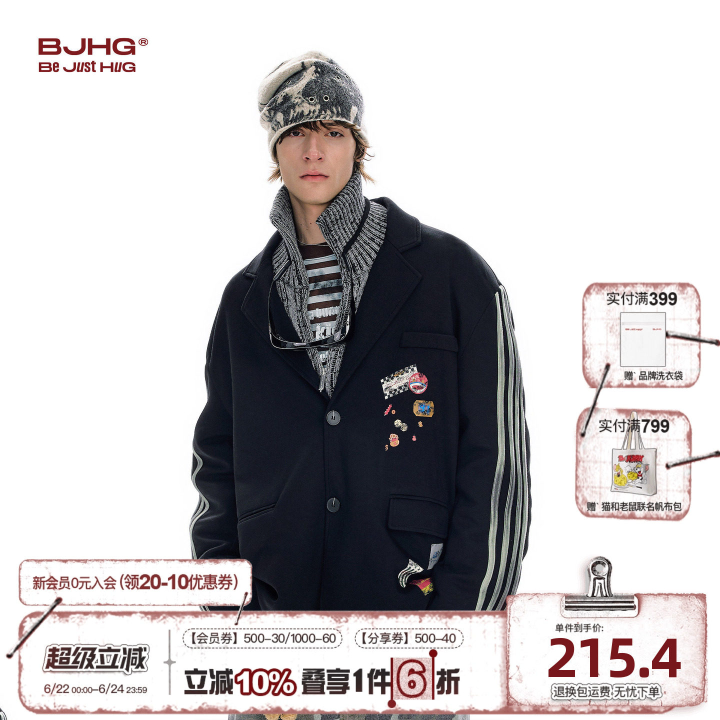 BJHG不计后果休闲西装外套男款春季新款拼接做旧空气层翻领夹克女