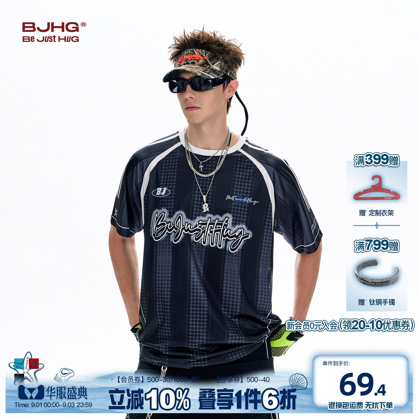 BJHG美式机车风撞色男款短袖t恤图片
