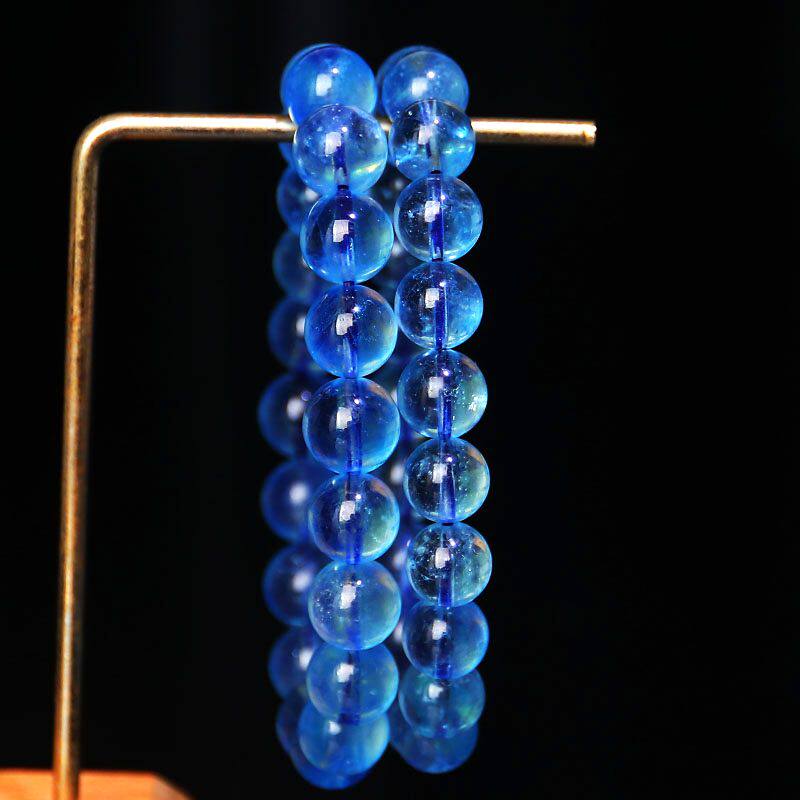 吴老头水晶 天然收藏级巴西魔鬼蓝海蓝宝手链 冰透体女款礼物饰品