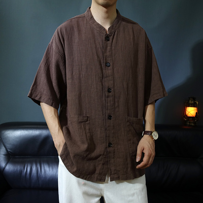 春夏苎麻五分袖衬衫立领中山装