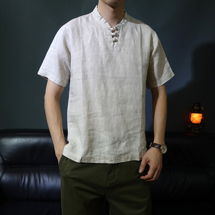 立领盘扣纯亚麻套头夏天男式 汉服中山装 短袖 休闲唐装 薄 衬衫 新中式