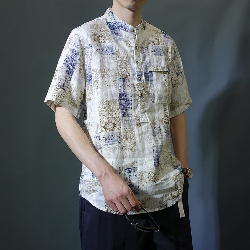 中国风印花夏季薄款亚麻短袖衬衫