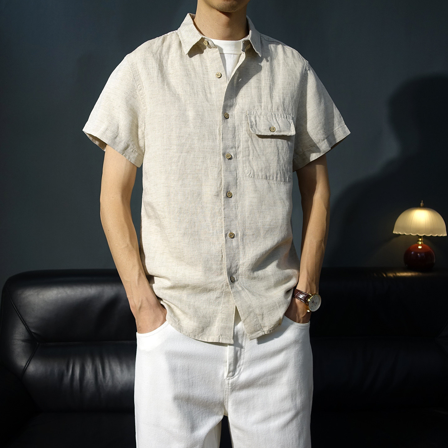 夏季亚麻休闲口袋翻领短袖衬衫男